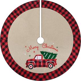 img 2 attached to 🎄 Yuboo Vintage Truck Burlap Christmas Tree Skirt: 48 Inches Large with Plaid Buffalo Border and Embroidered Red Truck Rug - Perfect Fall Xmas Décor