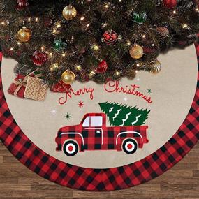 img 3 attached to 🎄 Yuboo Vintage Truck Burlap Christmas Tree Skirt: 48 Inches Large with Plaid Buffalo Border and Embroidered Red Truck Rug - Perfect Fall Xmas Décor