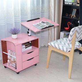 img 2 attached to 📚 Qiveno Pink Nightstand with Adjustable Lift Top, 2 Drawers, Side Magazine Rack - Mobile Wheeled End Table & Computer Desk - Home Office Furniture