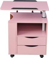 📚 qiveno pink nightstand with adjustable lift top, 2 drawers, side magazine rack - mobile wheeled end table & computer desk - home office furniture логотип