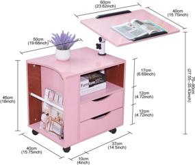 img 3 attached to 📚 Qiveno Pink Nightstand with Adjustable Lift Top, 2 Drawers, Side Magazine Rack - Mobile Wheeled End Table & Computer Desk - Home Office Furniture