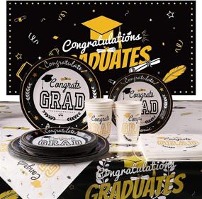 img 4 attached to 🎓 2021 Graduation Decorations: Black and Gold Party Supplies, Disposable Tableware, Backdrop