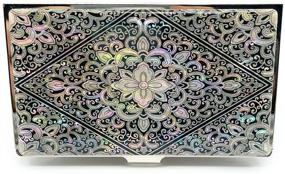 img 3 attached to Mother Of Pearl Business Card Case Credit Id Name Holder Travel Wallet Art Painting Design Metal Stainless Steel Engraved Slim Purse Pocket Cash Money Wallet (Diamond Arabesque)