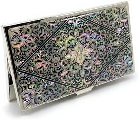 img 1 attached to Mother Of Pearl Business Card Case Credit Id Name Holder Travel Wallet Art Painting Design Metal Stainless Steel Engraved Slim Purse Pocket Cash Money Wallet (Diamond Arabesque)