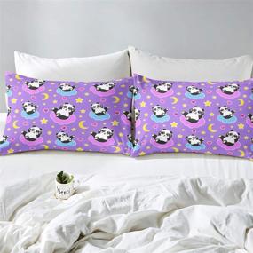 img 3 attached to 🐼 Cute Panda Bedding Set for Kids - Cartoon Animal Panda Bear Theme Fitted Sheet with Decorative Purple Stars, Moon, and Heart Motifs - Lovely Wildlife Bed Cover - Full Size 3Pcs Set