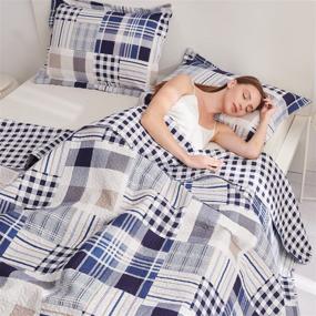 img 2 attached to 🛏️ Premium 3-Piece Navy Blue Patchwork Bedding Set: Plaid King Size Quilts, Summer Lightweight Coverlet, and Matching Pillow Shams