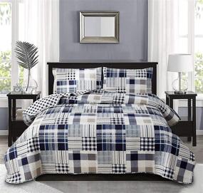 img 3 attached to 🛏️ Premium 3-Piece Navy Blue Patchwork Bedding Set: Plaid King Size Quilts, Summer Lightweight Coverlet, and Matching Pillow Shams