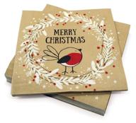 🎄 christmas napkins paper cute: festive wreath & bird print, brown recycled napkins for decorative disposable holiday dinner, lunch, buffet brunch - rustic xmas party decor logo