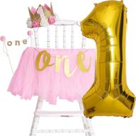 🎉 1st birthday girl high chair decoration set - pink and gold first birthday decorations, including high chair tutu skirt, no.1 birthday girl crown, large 1 balloon, first birthday banner, and one cake topper логотип