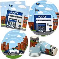 👮 police party supplies tableware set - 24x 9" paper plates, 24x 7" plates, 24x 9 oz cups, 50x lunch napkins - policeman cop rescue department officer patrol vehicle car theme - disposable birthday dinnerware decor logo