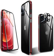 kumwum full body magnetic case for iphone 12 pro max with front and back tempered glass, aluminum bumper, double-sided clear cover, built-in camera lens protector - black + red logo