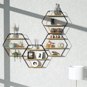 img 2 attached to 🔲 Floating Hexagon Rustic Farmhouse Shelves: Wall-Mounted Hanging Shelf for Stylish Wall Decor and Organized Storage in Living Room, Bedroom, Bathroom, and Kitchen - Metal Bracket and Reclaimed Natural Wood Design