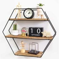 🔲 floating hexagon rustic farmhouse shelves: wall-mounted hanging shelf for stylish wall decor and organized storage in living room, bedroom, bathroom, and kitchen - metal bracket and reclaimed natural wood design logo