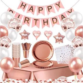 img 1 attached to 🌹 Complete Rose Gold Party Supplies Set & Tableware Kit for Adults and Kids - Includes Plates, Napkins, Tablecloth, Balloons, Banner, Cutlery, and Cups