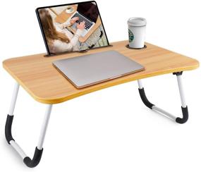 img 4 attached to 🛏️ Переносной складной лоток-столик для кровати с отделениями для телефона, стол для ноутбука для общежития, складной маленький столик для дороги (бежевый)