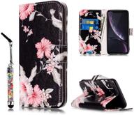 jancalm iphone xr case - floral pattern pu leather wallet cover with card/cash slots, stand and crystal pen - compatible with iphone xr (black/flower) logo