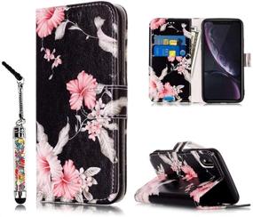 img 4 attached to JanCalm iPhone XR Case - Floral Pattern PU Leather Wallet Cover with Card/Cash Slots, Stand and Crystal Pen - Compatible with iPhone XR (Black/Flower)