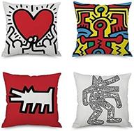 🎨 farg set of 4, keith haring graffiti painting throw pillow covers - decorative, one-side printed, cotton linen, 45x45cm logo