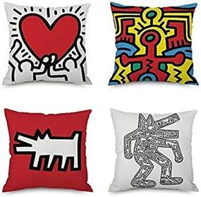 img 4 attached to 🎨 Farg Set of 4, Keith Haring Graffiti Painting Throw Pillow Covers - Decorative, One-Side Printed, Cotton Linen, 45x45cm