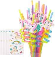 🦄 set of 30 reusable unicorn drinking plastic straws with cleaning brush and unicorn temporary tattoos for girls - rainbow unicorn birthday party supplies - party favors and decorations logo