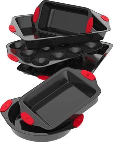 img 4 attached to 🥮 Vremi 6 Piece Nonstick Bakeware Set- Round & Square Pans, Sheets - Non Stick Carbon Steel with Red Silicone Handles - Perfect for Roasting, Baking Cakes, Cookies, Muffins & More