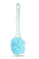 🛁 bath loofah & brush with extended handle for shower & bath | exfoliating pouf scrubber on stick | body back luffa brush by woods world (blue) logo