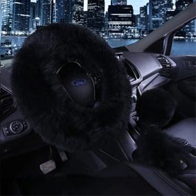 img 4 attached to 🚗 Silence Shopping 3Pcs Fashion Steering Wheel Covers - Winter Warm Australia Pure Plush Soft Wool Handbrake Cover Gear Shift Guard Truck Car Accessory - 14.96"x 14.96" - 1 Set (Black)