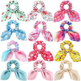img 4 attached to 🐰 Colorful Rabbit Bunny Ear Satin Scrunchies for Women, Girls, and Kids - Funtopia 12 Pcs Cute Bow Scrunchies - Elastic Hair Ties Bands Ponytail Holder