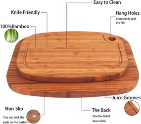 img 1 attached to 🔪 Набор экстра-толстых разделочных досок из бамбука для кухни - 4 штуки, особо большая деревянная разделочная доска с подстаканником и желобками для сока - в комплекте держатель для хранения - идеально подходит для мяса, сыра и овощей - орехово-коричневый.
