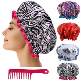 img 4 attached to 🚿 Pack of 4 Reusable Waterproof Shower Caps for Women - Lined Plastic Showercap Hair Cover Caps, Bundled with a Detangling Comb, Ideal for Hair of all Lengths and Thicknesses