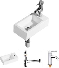 img 4 attached to 💧 Modern White Wall Hung Basin for Bathroom Corner with Rectangular Design - Small Cloakroom Sink, Ceramic Construction - Includes Faucet and No-Overflow Drain