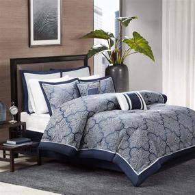 img 4 attached to 🛏️ Madison Park Medina Comforter Set - Casual Jacquard Damask Design, All-Season Cozy Bedding, Matching Bedskirt, Shams, Decorative Pillows, King (104 in x 92 in), Navy, 8-Piece