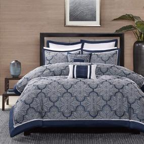 img 3 attached to 🛏️ Madison Park Medina Comforter Set - Casual Jacquard Damask Design, All-Season Cozy Bedding, Matching Bedskirt, Shams, Decorative Pillows, King (104 in x 92 in), Navy, 8-Piece
