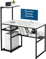 masacoro computer student school writing desk 40 inch with storage shelves, home office desk gaming table, 4-tier organizer bookshelf, white & black logo