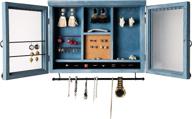 rustic blue wall mounted cabinet jewelry organizer with removable bracelet rod, shelf, earrings wire mesh, 32 hooks & barn doors - perfect holder for earrings, necklaces, and bracelets логотип