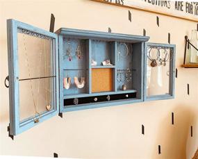 img 2 attached to Rustic Blue Wall Mounted Cabinet Jewelry Organizer with Removable Bracelet Rod, Shelf, Earrings Wire Mesh, 32 Hooks & Barn Doors - Perfect Holder for Earrings, Necklaces, and Bracelets