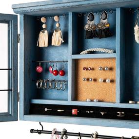 img 1 attached to Rustic Blue Wall Mounted Cabinet Jewelry Organizer with Removable Bracelet Rod, Shelf, Earrings Wire Mesh, 32 Hooks & Barn Doors - Perfect Holder for Earrings, Necklaces, and Bracelets