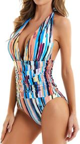 img 2 attached to 👙 LANMESSV Women's Plus-size High Waist Tummy Control One Piece Swimsuit with Plunging Neckline, Ruched Design, Retro Backless Style, and Swimwear