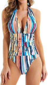 img 4 attached to 👙 LANMESSV Women's Plus-size High Waist Tummy Control One Piece Swimsuit with Plunging Neckline, Ruched Design, Retro Backless Style, and Swimwear