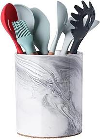 img 2 attached to Large Yundu Porcelain Gray Marble Utensil Crock - Kitchen Utensil Holder for Countertop Storage, 7″ Size with Table-Protection Cork Mat