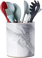 large yundu porcelain gray marble utensil crock - kitchen utensil holder for countertop storage, 7″ size with table-protection cork mat логотип