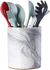 img 4 attached to Large Yundu Porcelain Gray Marble Utensil Crock - Kitchen Utensil Holder for Countertop Storage, 7″ Size with Table-Protection Cork Mat