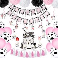 🐄 cow themed party decorations supplies for a happy birthday: banner, garland, cake toppers, balloons, hanging swirls, flower balls - perfect for birthday party and baby shower! logo