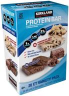 🍫 kirkland protein bars 20-count, signature variety pack, 21g protein, 4g carbs, 1g sugar, chocolate brownie and chocolate chip cookie dough (20 bars) logo