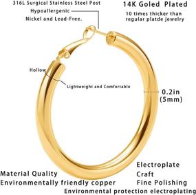 img 3 attached to 👂 5mm Thick Chunky Open Hoop Earrings Set for Women Girls - 14K Gold Plated, Rose Gold Plated, Silver - Lightweight Loop Earrings