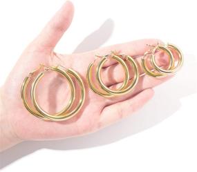 img 1 attached to 👂 5mm Thick Chunky Open Hoop Earrings Set for Women Girls - 14K Gold Plated, Rose Gold Plated, Silver - Lightweight Loop Earrings