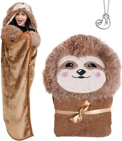 img 4 attached to 🦥 Sloth Wearable Hooded Blanket Set with Sloth Pendant Necklace – Ultra Warm and Cozy Oversized Blanket Hoodie with Hand Gloves - Premium Sherpa and Flannel Fleece Hoodie Blanket Ideal for Adults and Kids