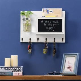 img 2 attached to 📬 Vintage White Wood Wall Mounted Mail Sorter with 6 Key Hooks, Mason Jar & Chalkboard Organizer