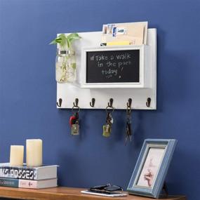 img 3 attached to 📬 Vintage White Wood Wall Mounted Mail Sorter with 6 Key Hooks, Mason Jar & Chalkboard Organizer