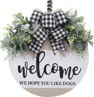 greet guests with charm: gluuflower 17 inch wooden welcome sign for front door - we hope you like dogs - decorate your home with eucalyptus wreath & buffalo bow - outdoor and indoor door wall decor in green 1 logo